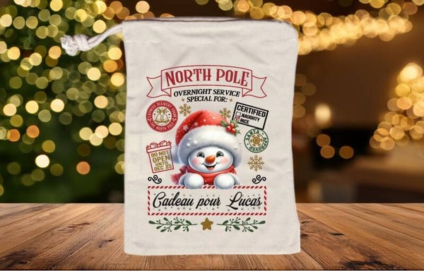 PETIT SAC A CADEAU "bonhomme de neige" personnalisé