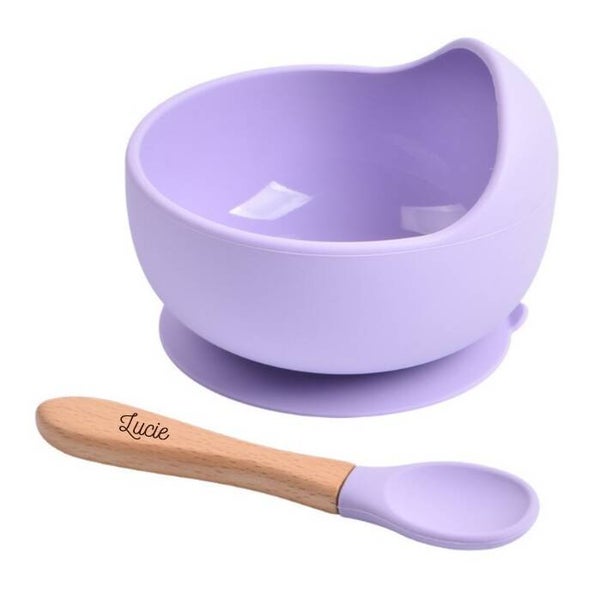 Ensemble Bol silicone + cuillère personnalisé - violet