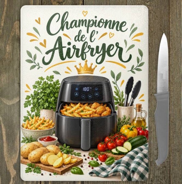 Planche à découper en verre « Championne de l'airfryer » – 20 × 28 cm