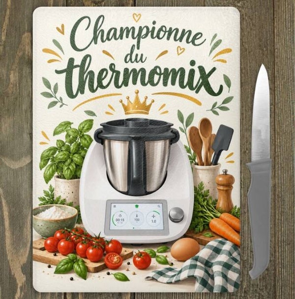 Planche à découper en verre « Championne du Thermomix » – 20 × 28 cm