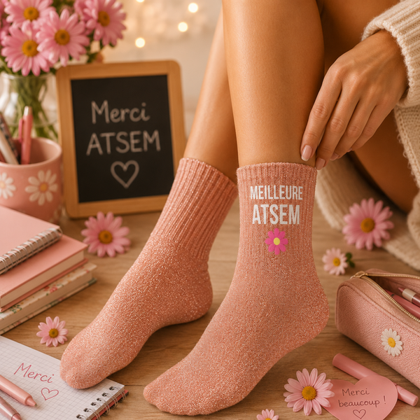 CHAUSSETTES À PAILLETTES « MEILLEURE ATSEM » ✨🍎