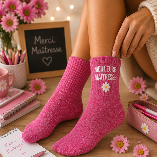 CHAUSSETTES À PAILLETTES « MEILLEURE MAÎTRESSE » ✨🌸