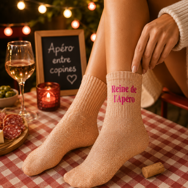 CHAUSSETTES À PAILLETTES « REINE DE L’APÉRO » ✨🍷