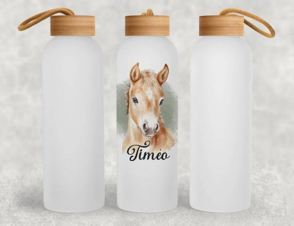 Gourde Blanche en Aluminium 600 ml avec Bouchon en Bambou "cheval"