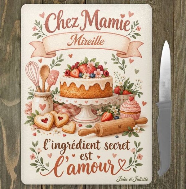 Planche à découper en verre personnalisée « Chez Mamie »
