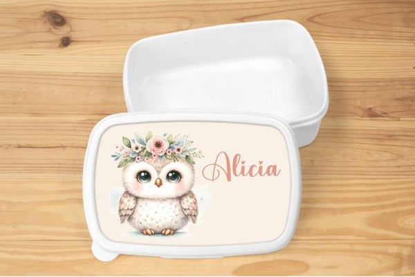 Boîte à goûter personnalisée "chouette", blanche