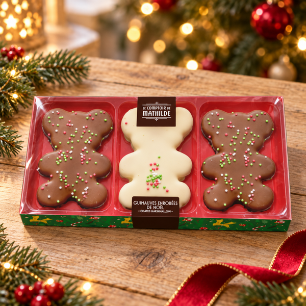 Coffret 3 oursons guimauve de Noël chocolat au lait et blanc – 90 g