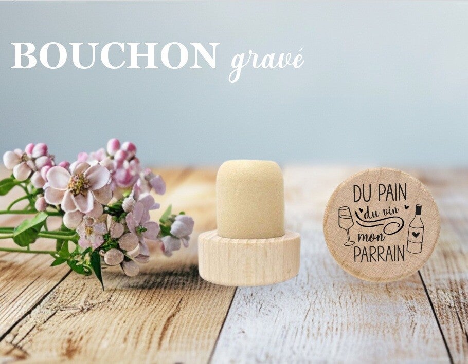 Bouchon de bouteille de vin réutilisable "du pain, du vin, mon parrain "