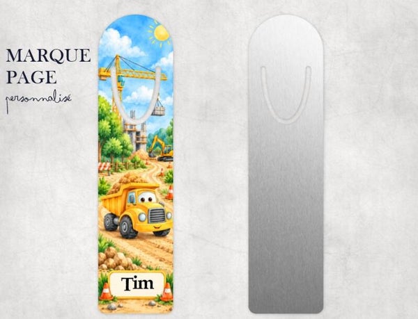 Marque-page enfant personnalisé avec prénom – Engin de chantier