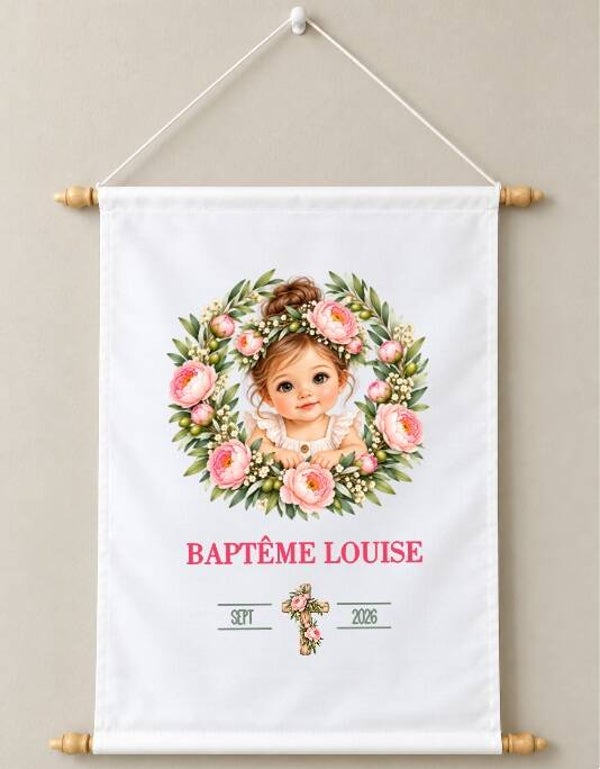 Toile décorative Baptême personnalisée – Prénom et date du baptême