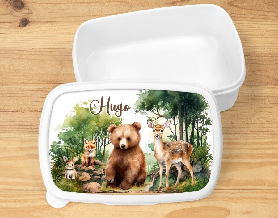 Boîte à goûter "animaux de la forêt" personnalisée, blanche