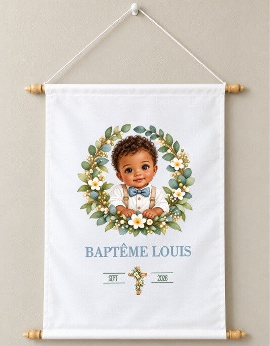 Toile décorative Baptême personnalisée – Prénom et date du baptême