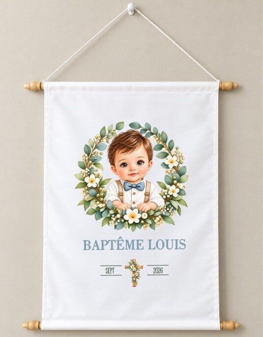Toile décorative Baptême personnalisée – Prénom et date du baptême
