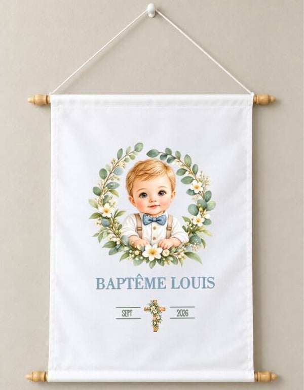 Toile décorative Baptême personnalisée – Prénom et date du baptême