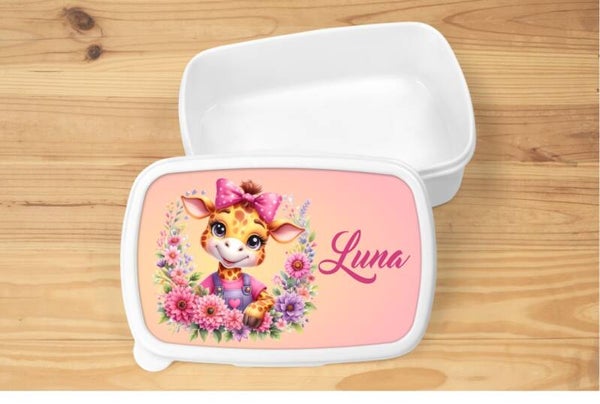 Boîte à goûter personnalisée "girafe", blanche ou rose