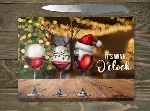 PLANCHE A DECOUPER (ou plateau de présentation) en verre "It's wine o'clock"