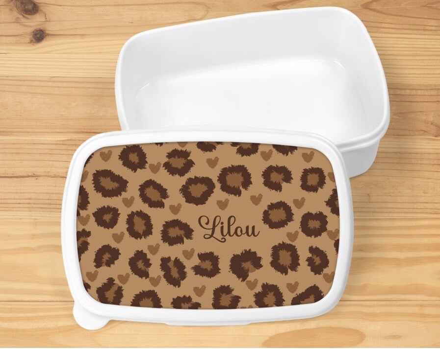 Boîte à goûter "léopard" personnalisée, blanche