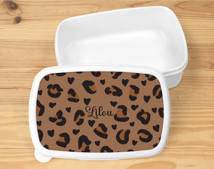Boîte à goûter "léopard" personnalisée, blanche