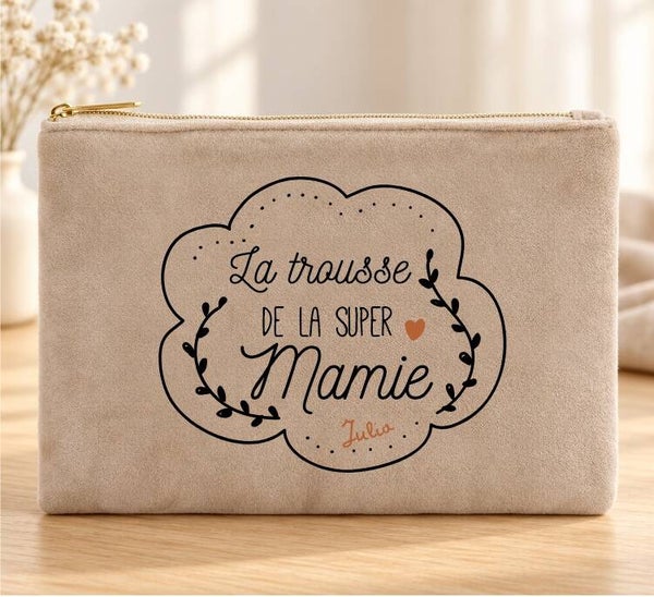 Trousse en velours « Super Mamie » personnalisée – Appellation et prénoms au choix