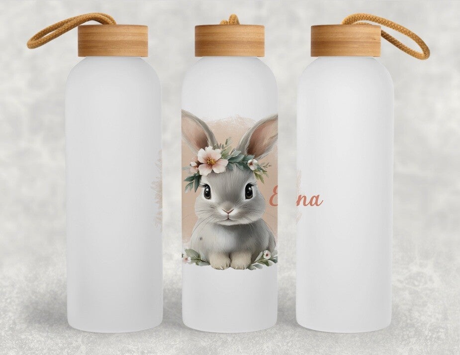 Gourde Blanche en Aluminium 600 ml avec Bouchon en Bambou "lapin"