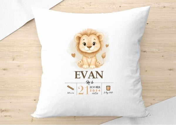 Coussin personnalisé "spécial naissance" - lion