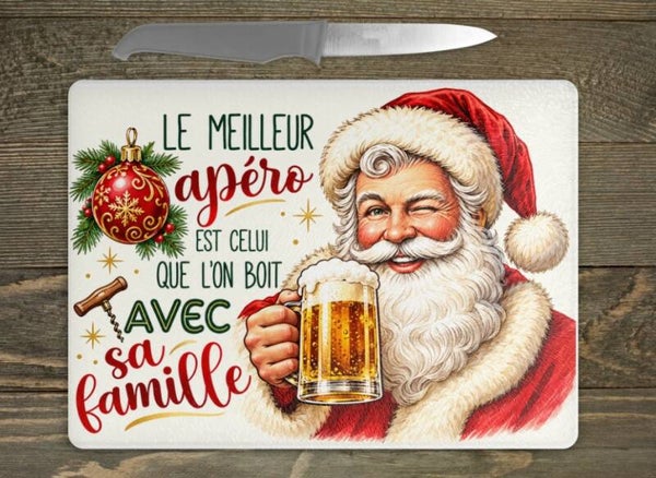 Planche à découper en verre Noël « Le meilleur apéro est celui que l’on boit avec sa famille »