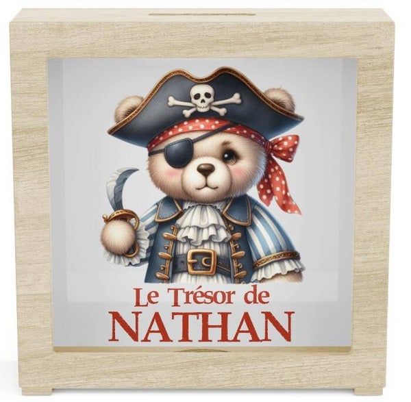 Tirelire en bois personnalisé - OURSON PIRATE