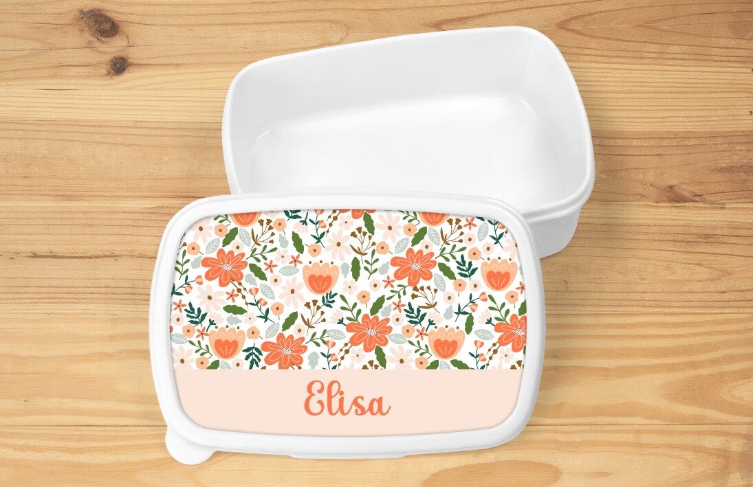 Boîte à goûter "fleurs" personnalisée, blanche