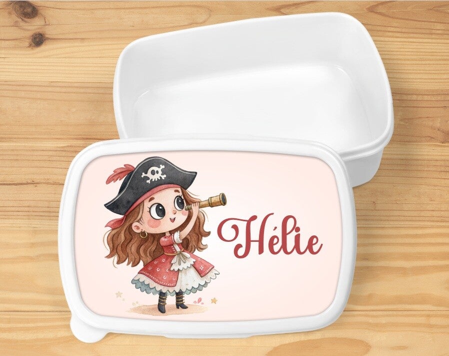 Boîte à goûter "pirate girl" personnalisée, blanche