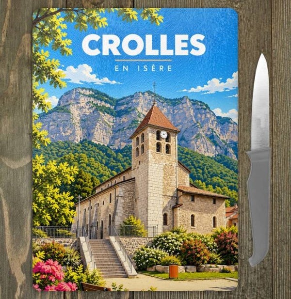 Planche à découper en verre Crolles – 20 × 28 cm – Souvenir de l'Isère