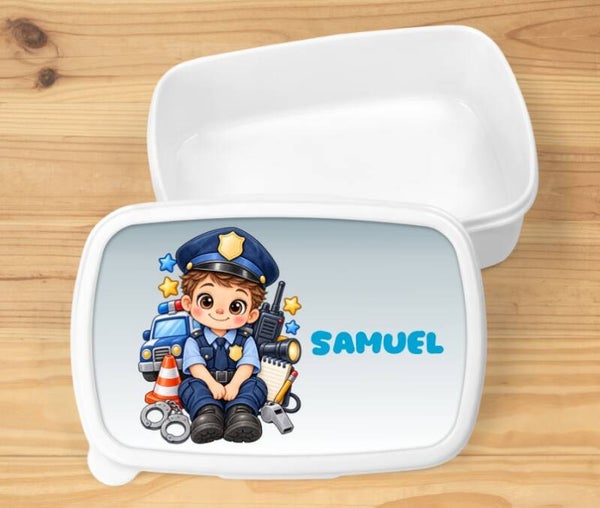 Boîte à goûter "policier" personnalisée, blanche