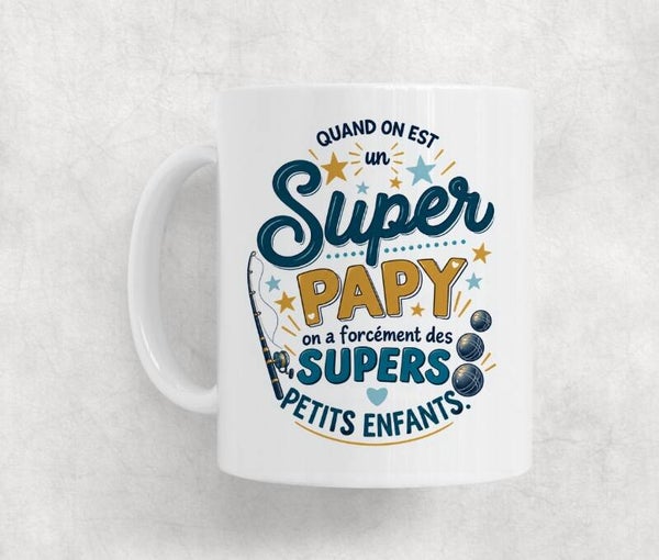 Mug "Quand on est un super papy" (version pêche et pétanque)