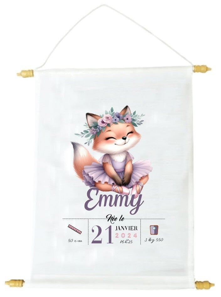 Fanion décoratif personnalisé spécial naissance "renarde danseuse"