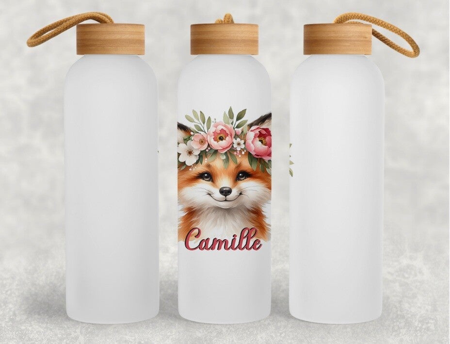 Gourde Blanche en Aluminium 600 ml avec Bouchon en Bambou "renarde"