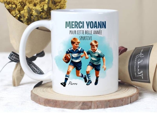 Mug "Merci", spécial activité sportive personnalisé, rugby