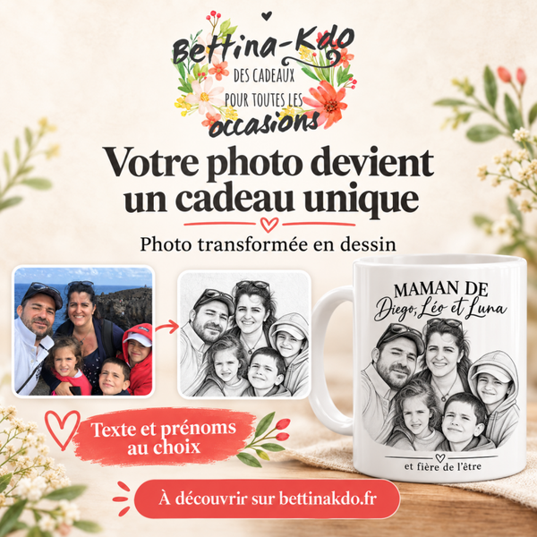 Mug personnalisé avec portrait de famille dessiné et texte au choix