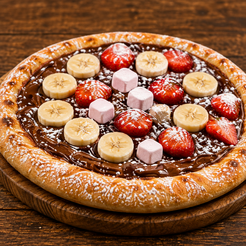 Dessertpizza met chocolade, fruit en marshmallows