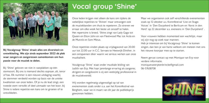 Vocalgroup Shine in weekblad de Brug