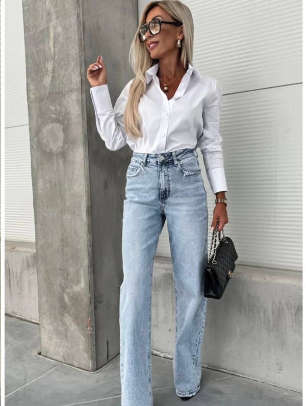 Mimi WIDE LEG FRAYED HEM DENIM JEANS-LIGHT BLUE