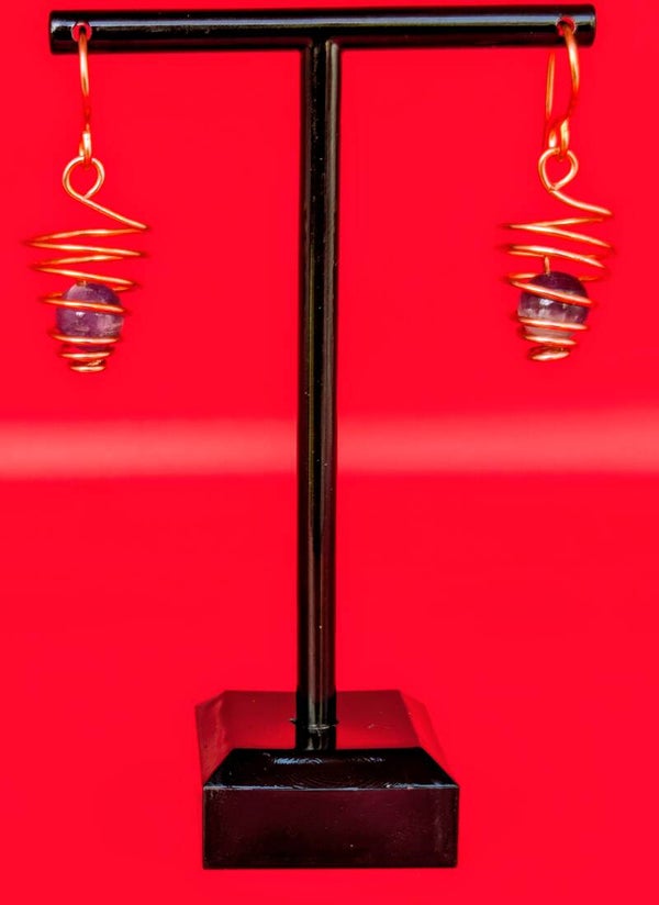 Boucles d'oreilles cage spirale cuivre améthyste