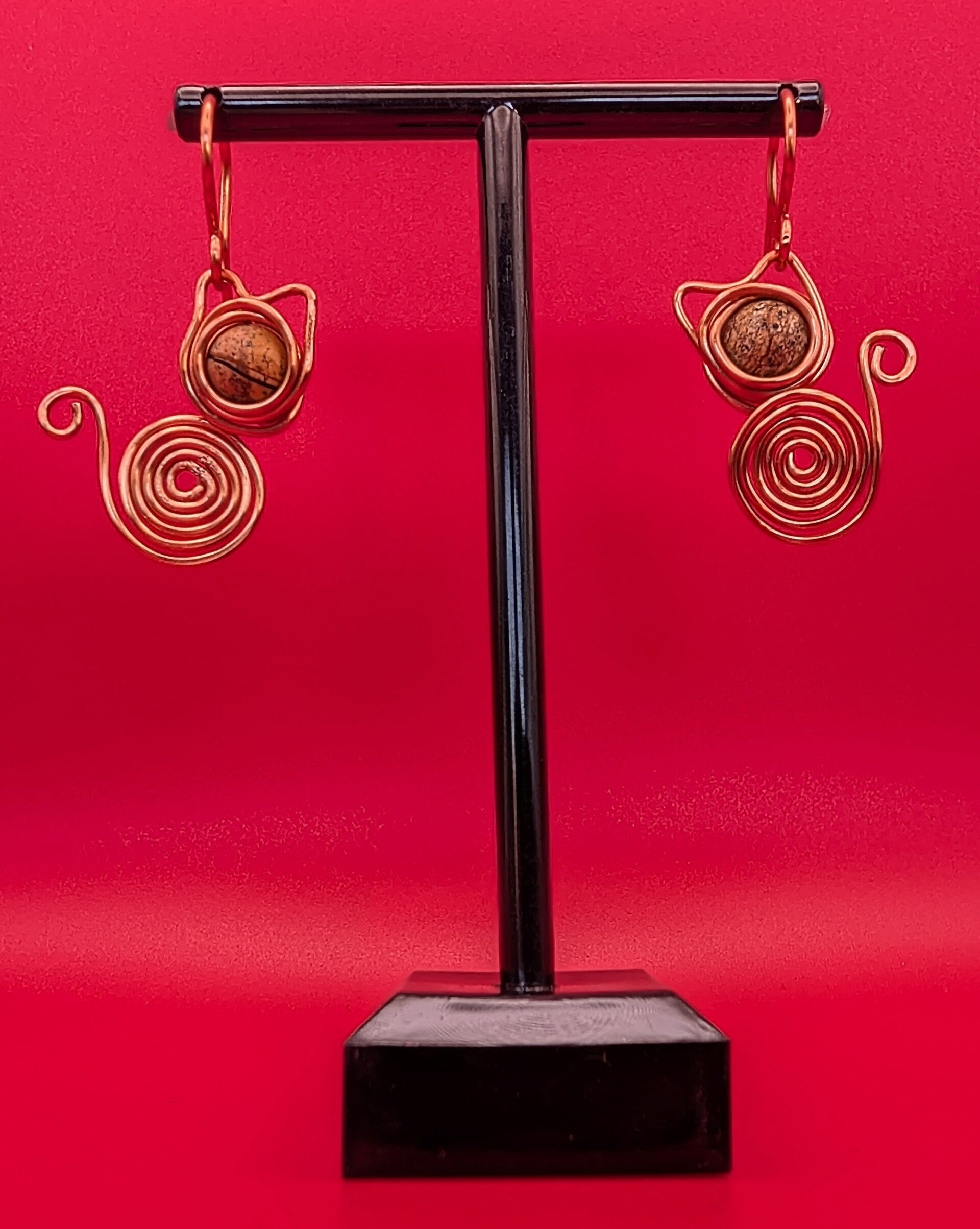 Boucles d'oreille chat cuivre jaspe paysage