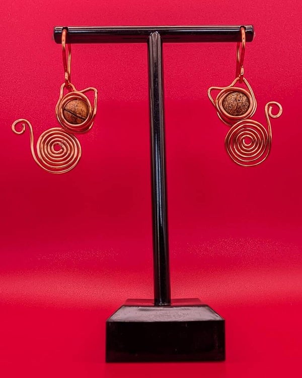 Boucles d'oreille chat cuivre jaspe paysage
