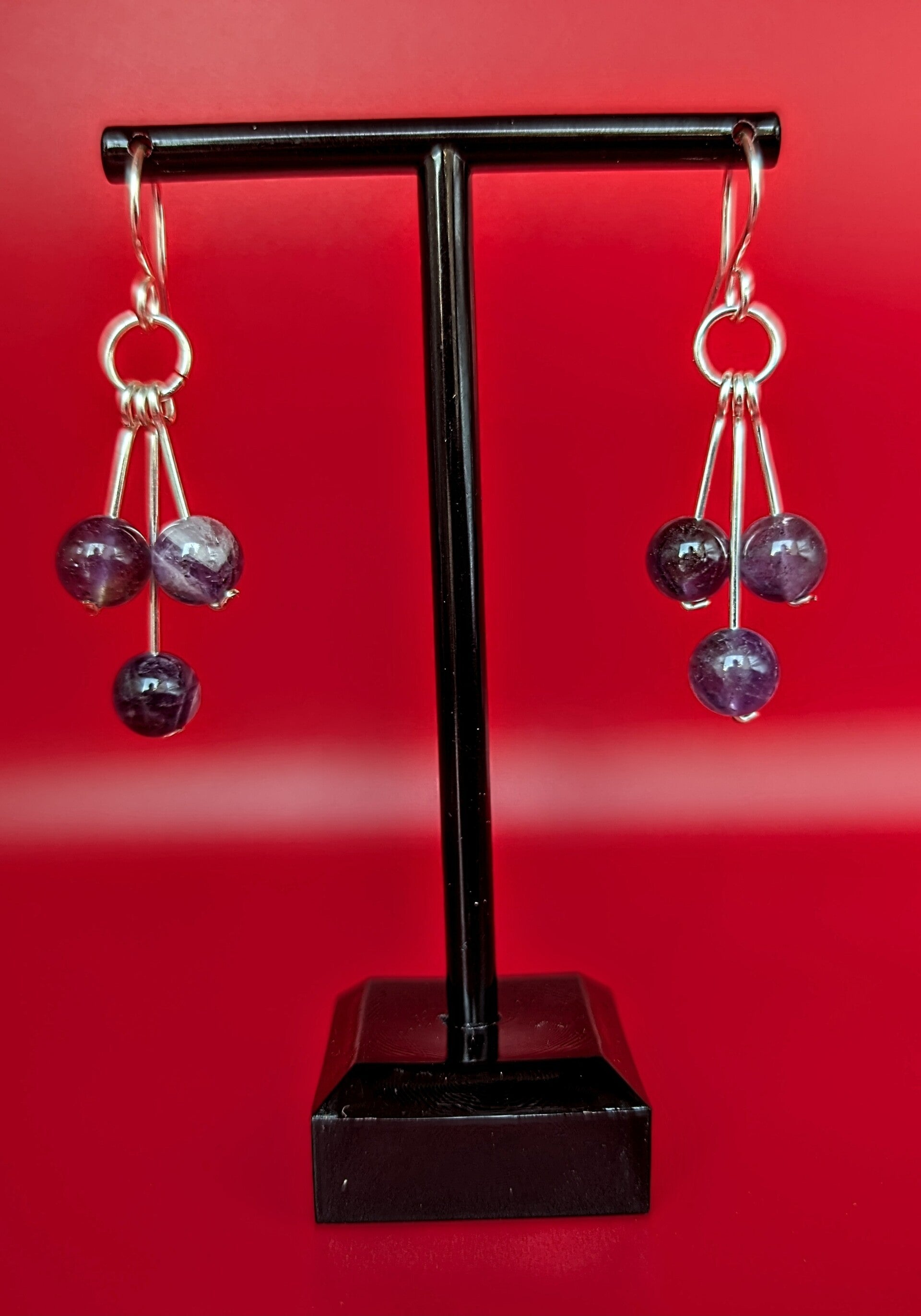 Boucles d'oreilles pendantes améthyste et cuivre argenté