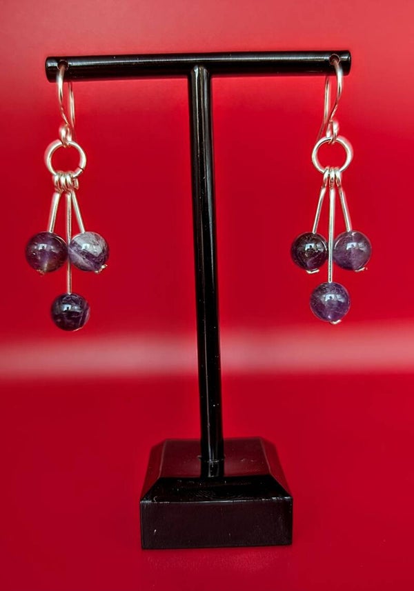 Boucles d'oreilles pendantes améthyste et cuivre argenté