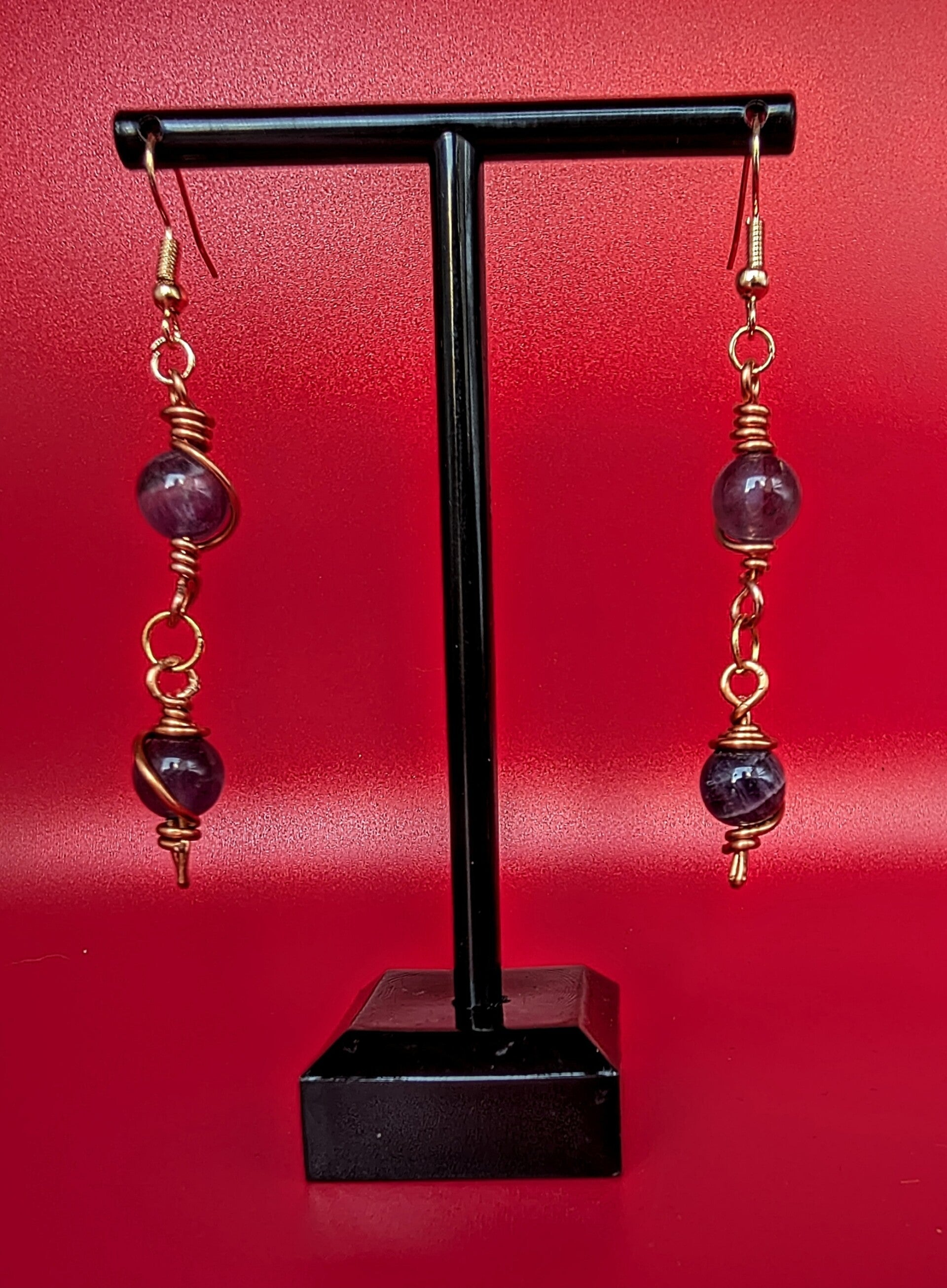 Boucles d'oreilles pendantes améthyste et cuivre