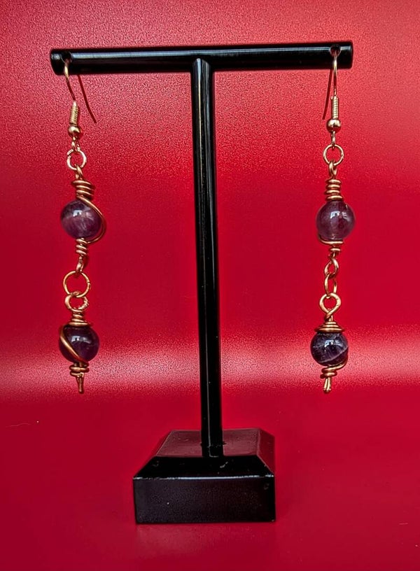 Boucles d'oreilles pendantes améthyste et cuivre