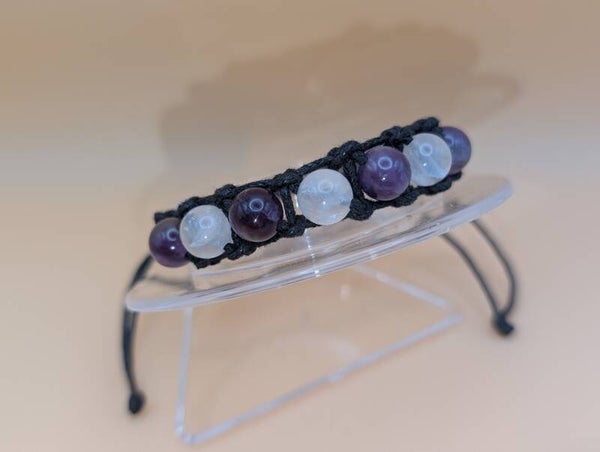 Bracelet améthyste et cristal de roche fil noir