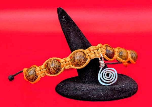 Bracelet jaspe peau de serpent fil orange insert spirale argentée
