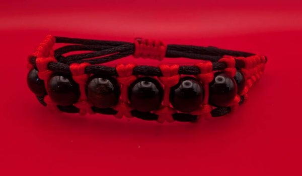 Bracelet obsidienne dorée fil rouge et noir