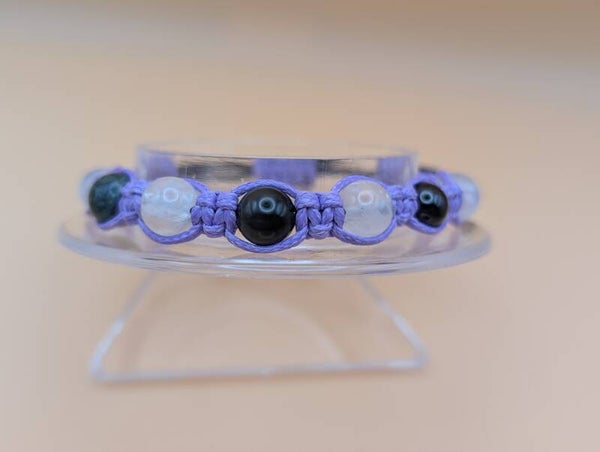 Bracelet protection jaspe kambaba, obsidienne œil céleste, spinelle noire cristal de roche fil mauve